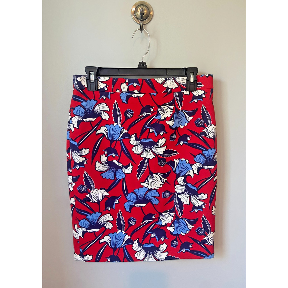 J CREW Floral Stretch Pencil Skirt Red Navy Blue Lined Work Career Womens 2